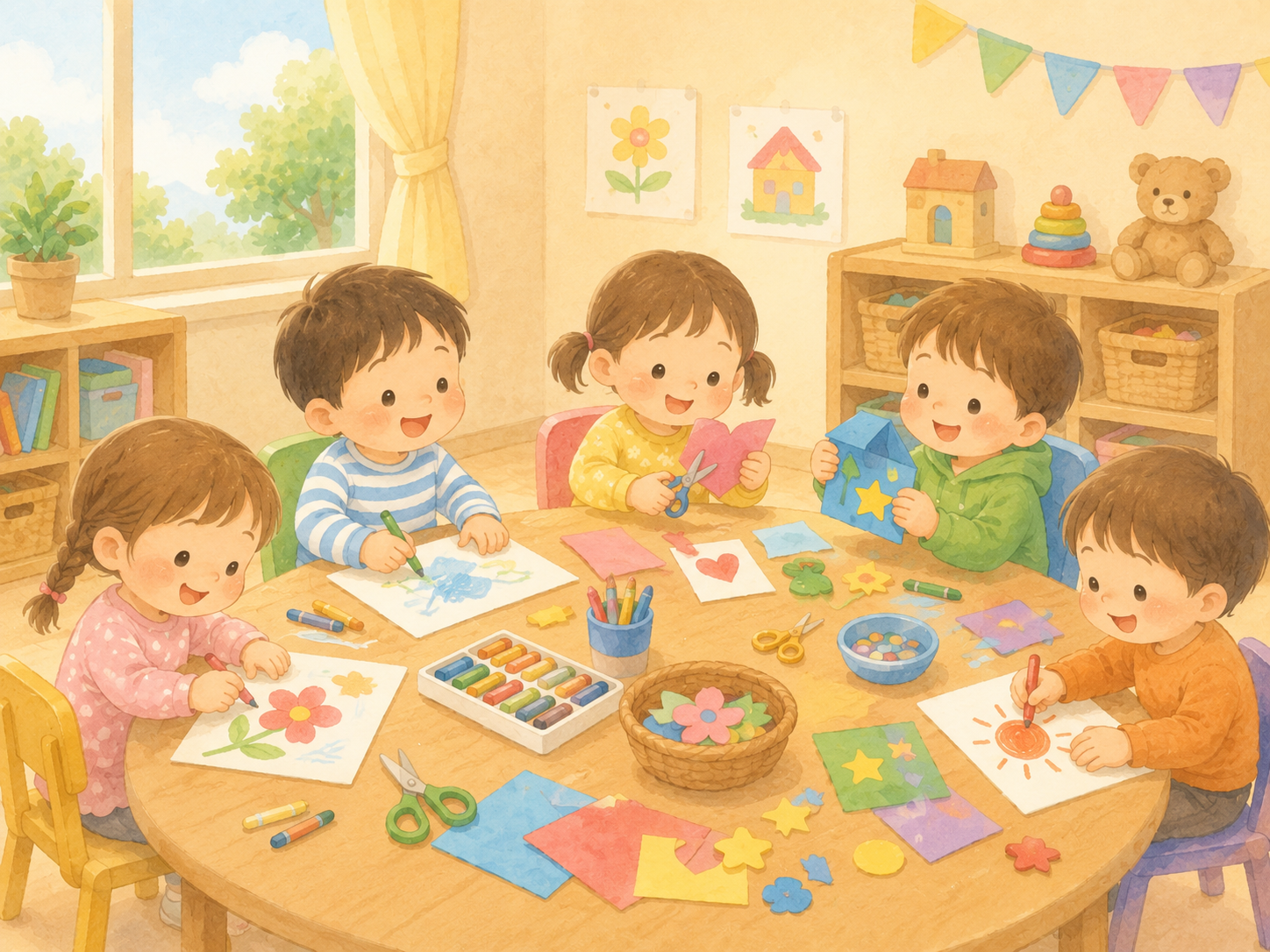 先生と子どもが工作を楽しむ様子